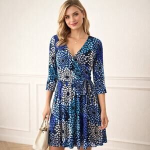 Enfocus Floral Faux Wrap Dress Sz 12P Y2K Stretchy Office Ruching Travel  Retro